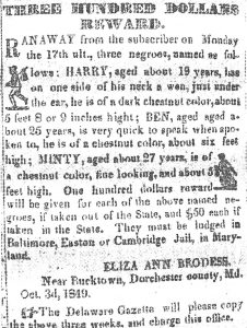Notice published in the Cambridge Democrat (1849), offering a reward for the return of Harriet Tubman and her two brothers
