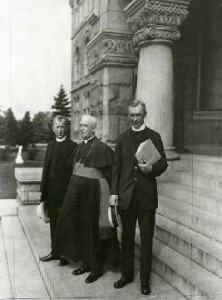 Kerby with Shahan,O'Grady Kerby (left), with Rector Shahan (center), and John O’ Grady (right). All three were instrumental in organizing the first NCCC at CUA in 1917.