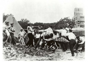 "Bonus Marchers" and police battle in Washington, DC. The marchers came to Washington, DC, to demand their veterans "bonus" payment early from Congress. After several months of camping near the Anacostia River and after several confrontations with police, federal, troops drove the marchers from the city.