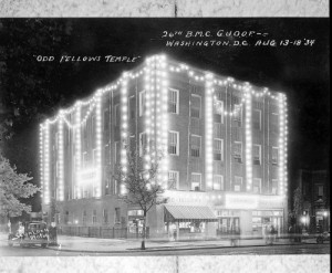 This building, located in NW Washington, D.C., was built by the Odd Fellows in 1932 and was the scene of a convention two years later. The architect of the building and photographer of the convention scene were both Order members: Albert I. Cassell and Addison Scurlock respectively