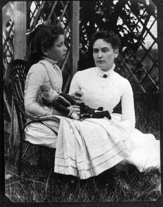 Photograph of Helen Keller at age 8 with her tutor Anne Sullivan on vacation in Brewster, Cape Cod, Massachusetts