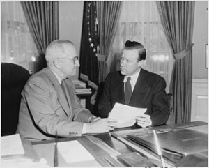 Walter Reuther (right) conferring with President Truman in the Oval Office, 1952