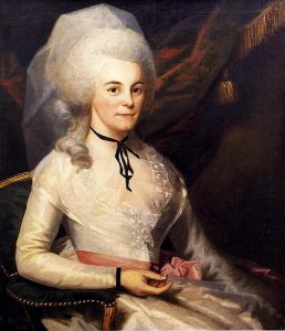 Seated portrait of Elizabeth Schuyler Hamilton win white dress with pink ribbon sash.