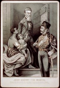 Illustration shows John Brown, a soldier, and an African American woman with her child