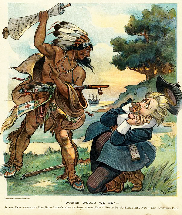Political cartoon showing Henry Cabot Lodge cowering before Native American who is about to hit him with "An Act to Prevent the Country from being Overrun by Foreigners."