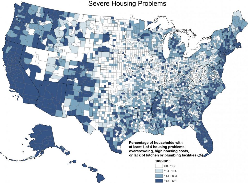 Depending on the county, severe housing problems affect anywhere from 3 to 69 percent of the county’s population, with the most severe housing problems clustered on the East and West coasts, parts of the South and Alaska.