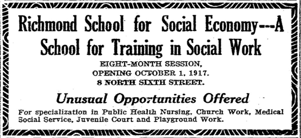 Ad for the Richmond School of Social Economy July 22 1917