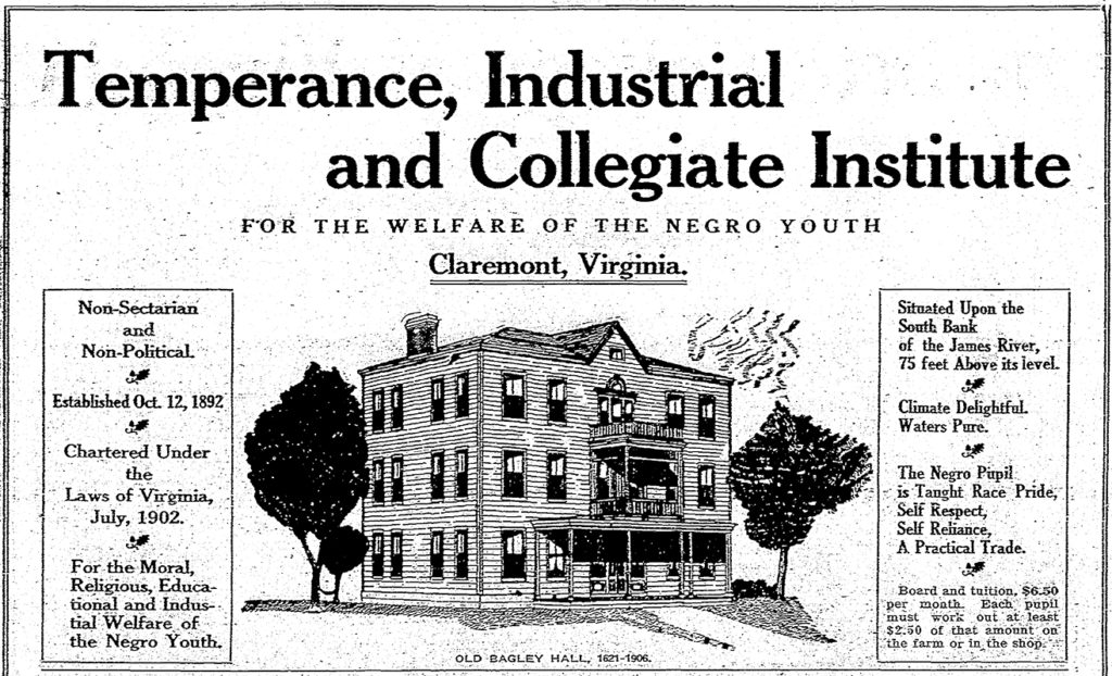 newspaper advertisementfor the Temperance, Industrial and Collegiate Institute